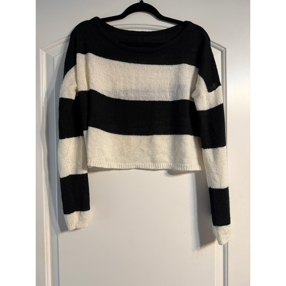 Target Striped Sweater Large Black White Cropped Knit Pullover Parisian Grunge